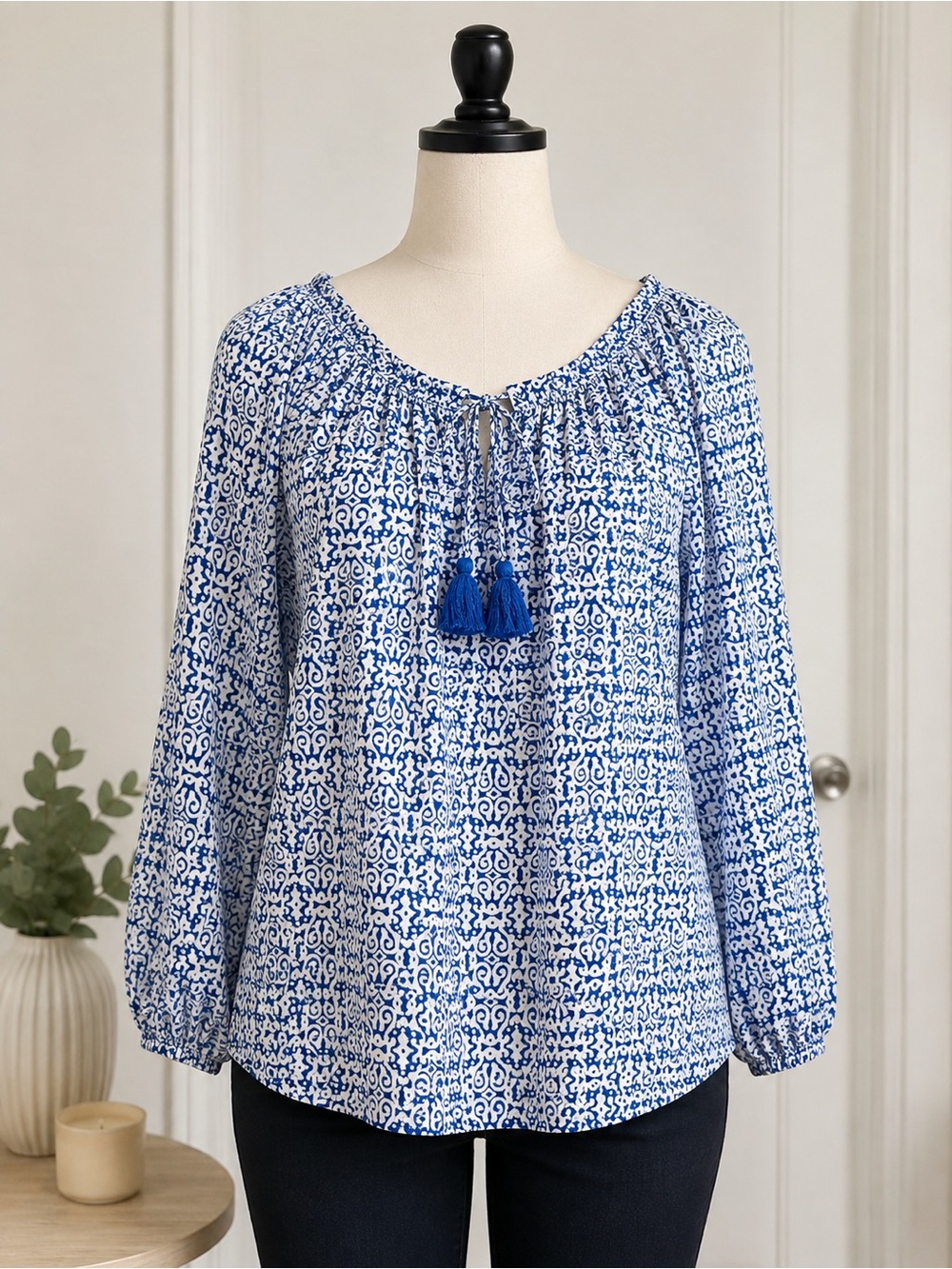 J.Crew Reimagined Blue and White Vermicular Print Keyhole Tassel Blouse